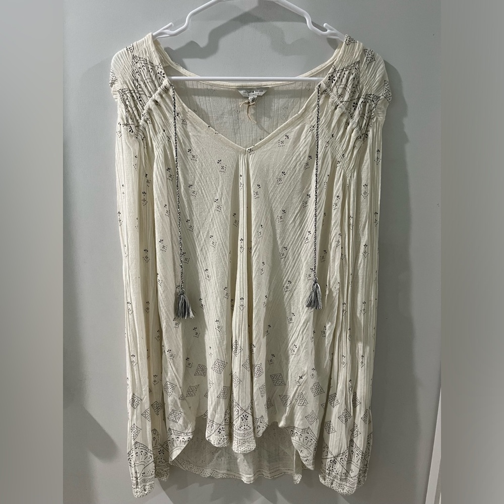 Lucky Brand Cream V-Neck Tassel Boho Tunic, size large - Picture 2 of 5